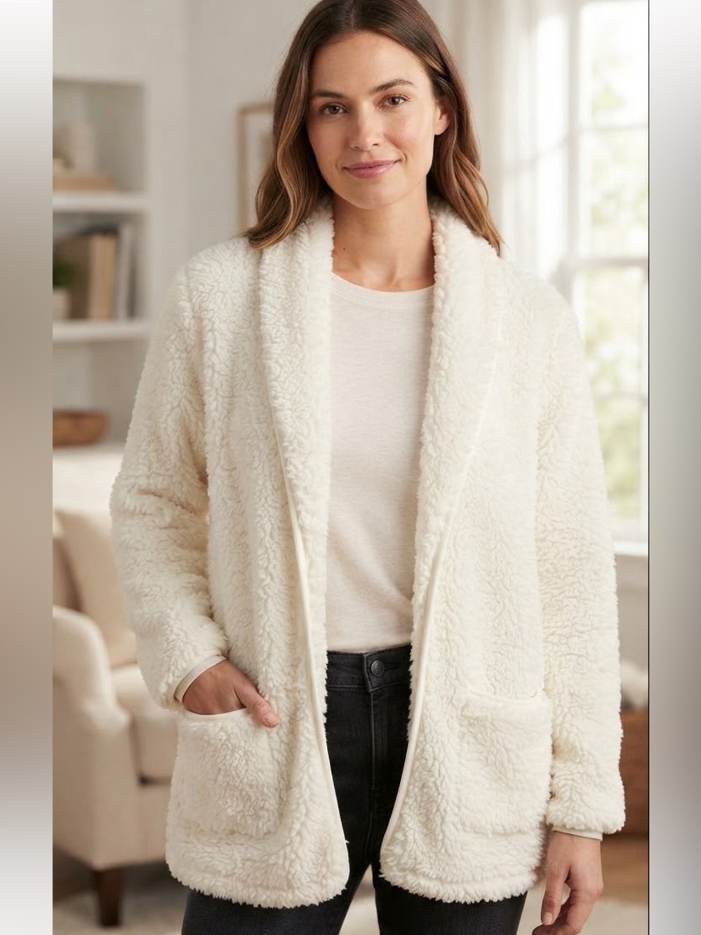 Cuddle Duds Snuggle Up Sherpa Cream Cardigan Jacket with Shawl Collar